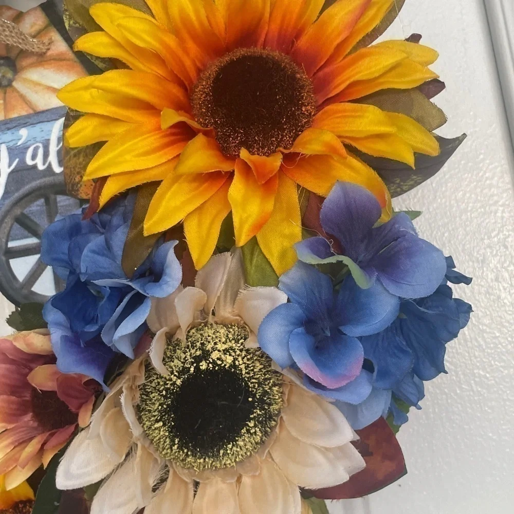Handmade fall sunflower wreath sign says happy fall y’all 24”